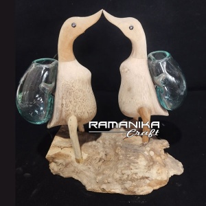 bali blown glass wood flower vase kissing duck double handicraft gwfvkdd